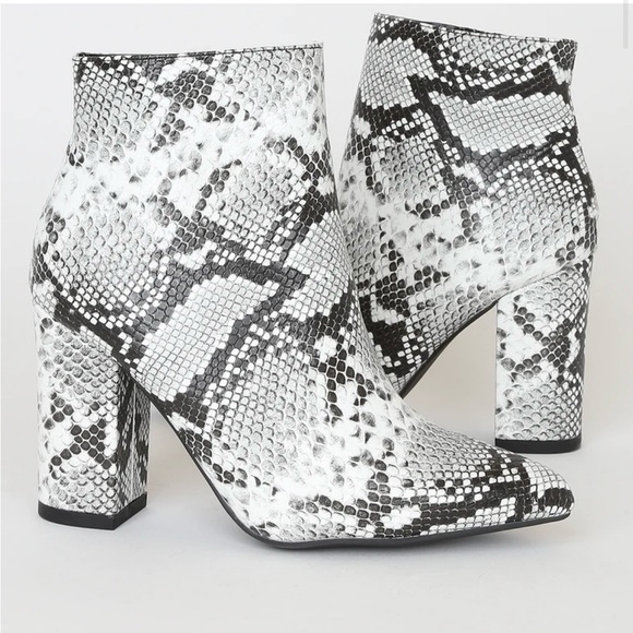 Lulus Black and White Snakeskin Booties - Picture 1 of 4